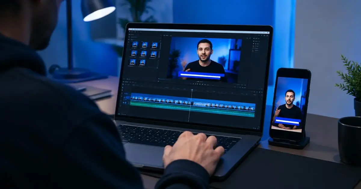 Creator editing a talking video with subtitles on a laptop and phone