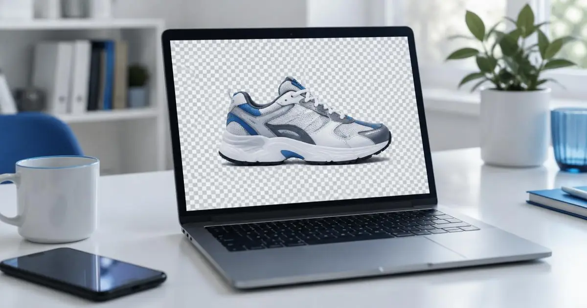 Laptop showing a sneaker with its background removed on a transparent grid