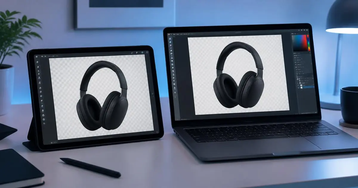 Tablet and laptop showing the same headphones cut out of their background