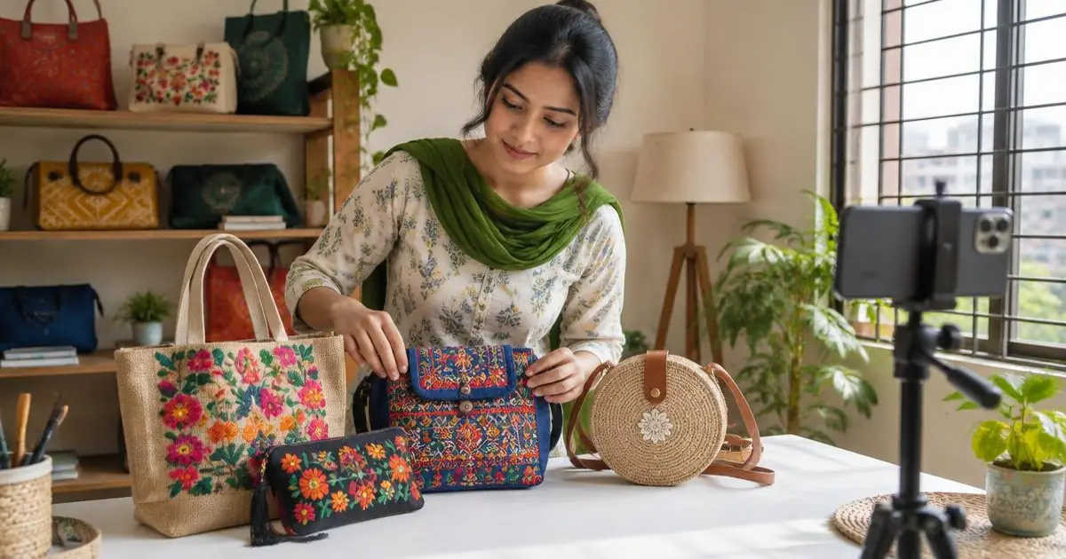 Bangladeshi seller arranging handmade bags for product photos at home