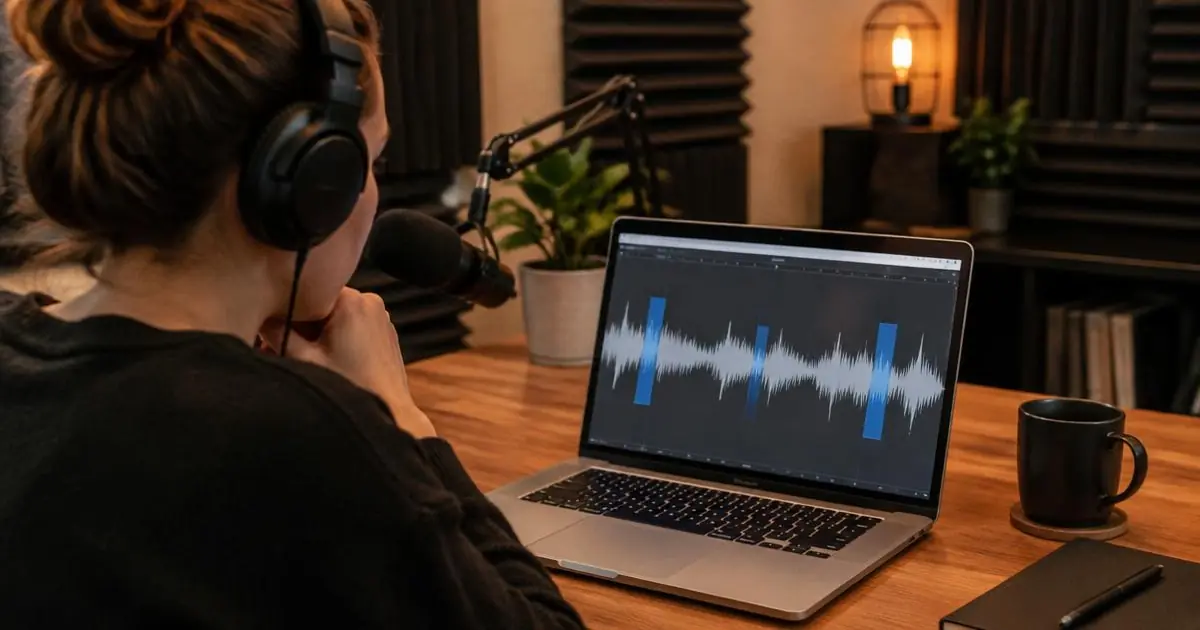 Podcaster looking at a waveform with short sections marked for cutting