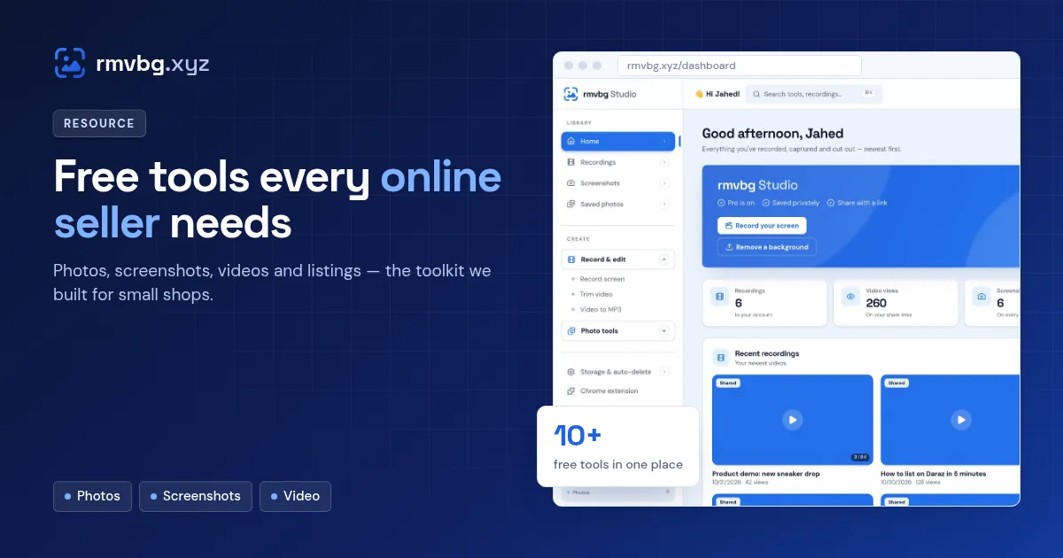 Poster of the rmvbg Studio dashboard with recordings, screenshots and saved photos