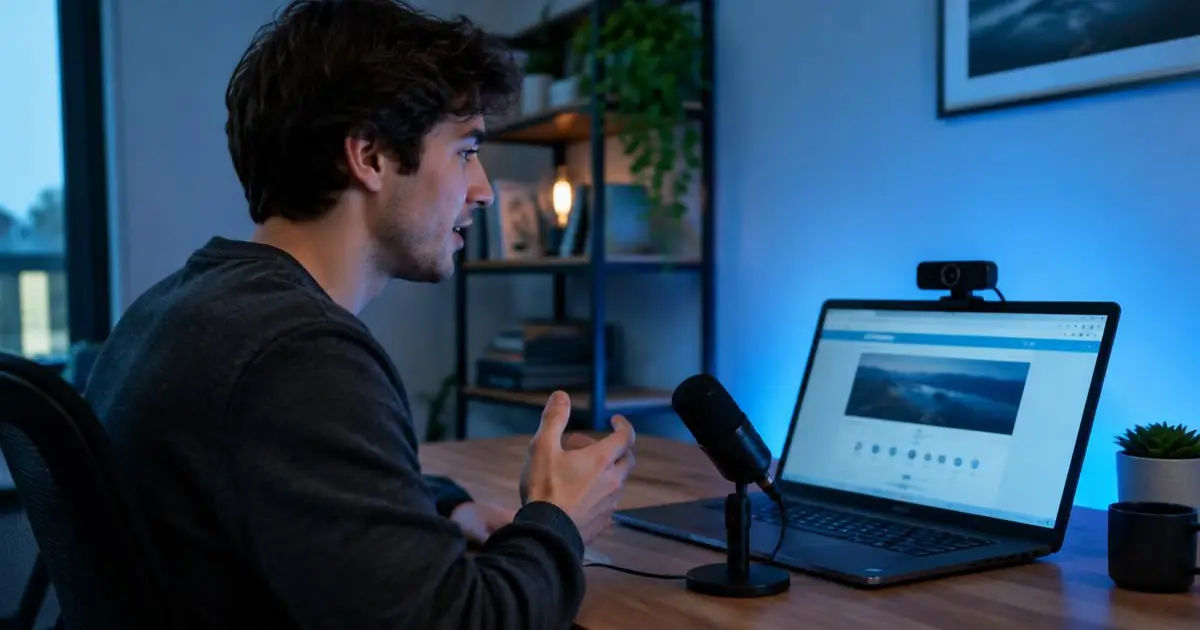 Man recording his screen with a webcam and microphone