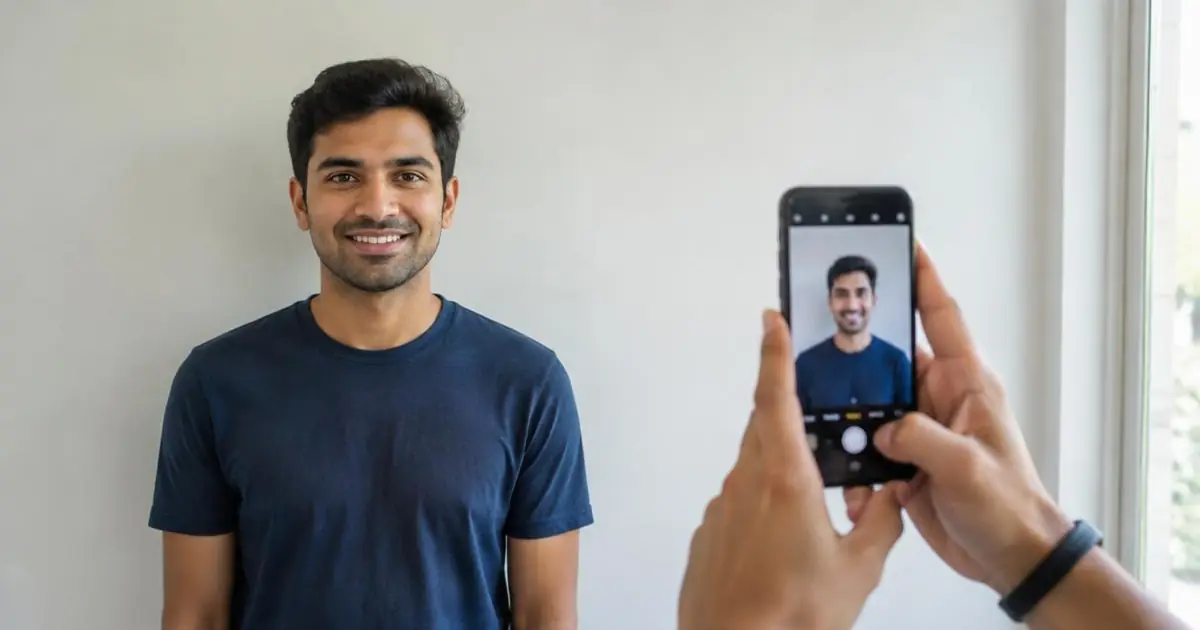Man standing by a plain wall while a friend takes his photo with a phone