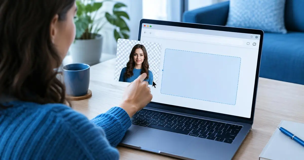 Person dragging a portrait with a removed background into a browser