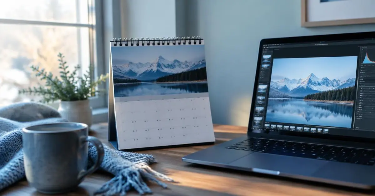 Desk calendar beside a laptop with a photo editor open