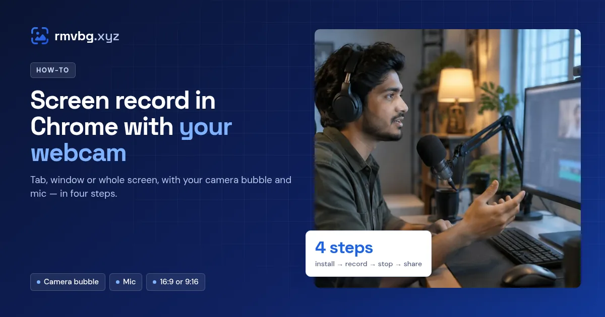 Creator talking into a microphone in front of a screen, with a 4 steps label
